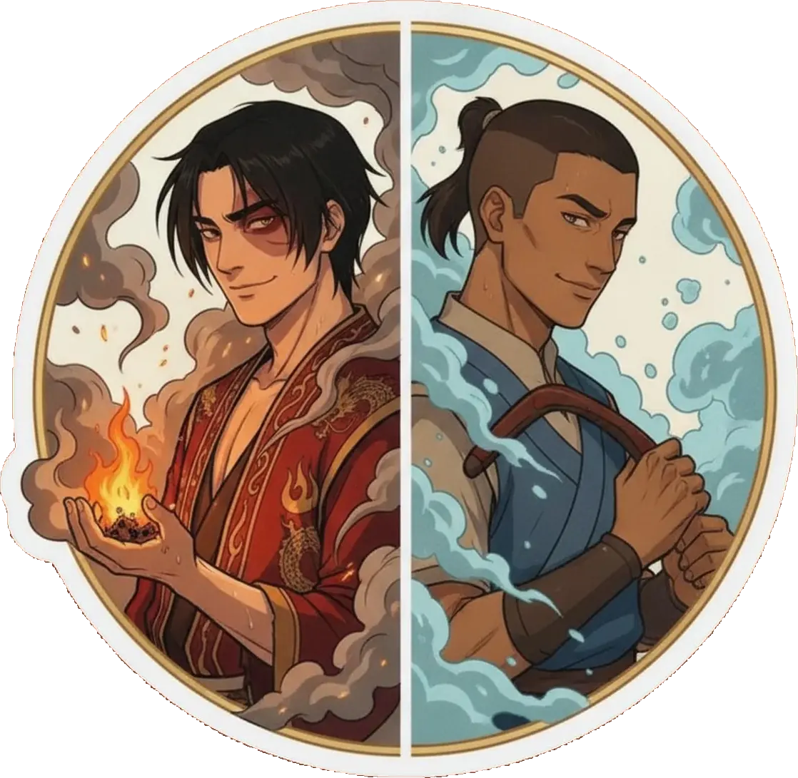 Zuko and Sokka stand together in a harmonious blend of opposing elements, balancing each other out as fire and water unite.