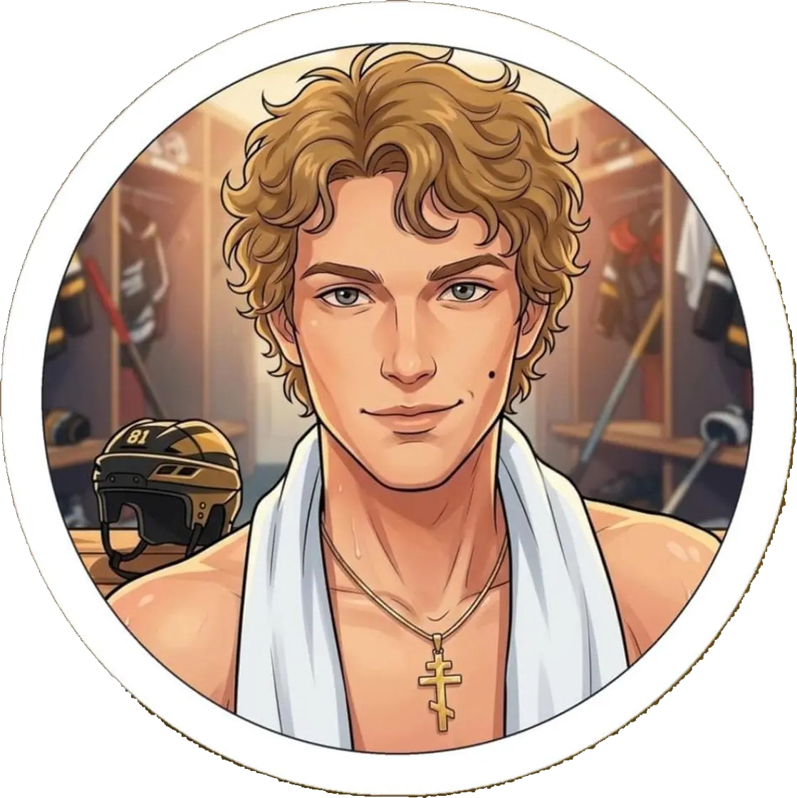 Ilya sits quietly in the Boston locker room with his signature cross necklace resting against his chest.