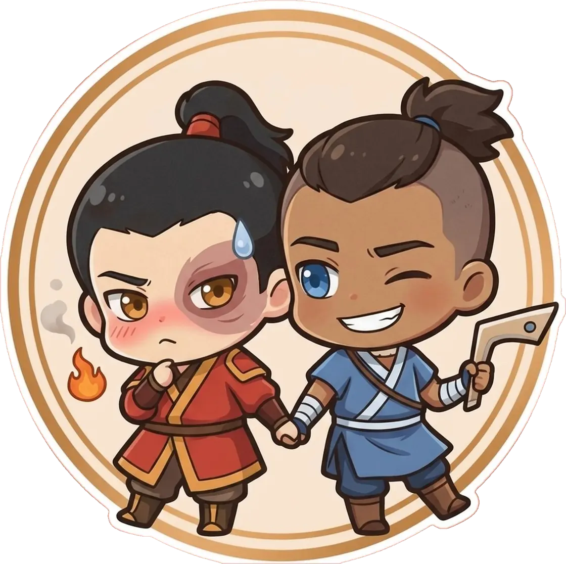 Chibi versions of Zuko and Sokka nervously hold hands as they navigate their newly discovered romantic feelings together.