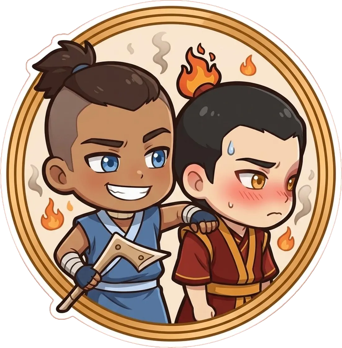 A flustered Zuko finds himself pulled into a warm and inescapable cuddle by a very cheerful chibi Sokka.