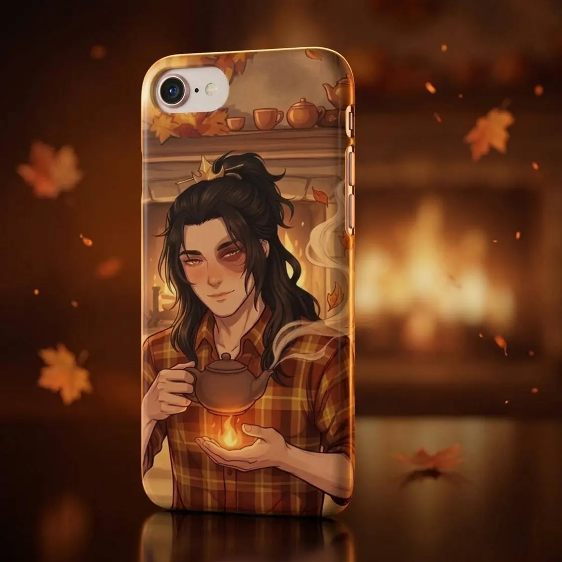 The Fire Prince takes a moment to relax during a crisp autumn day surrounded by falling leaves., view 2