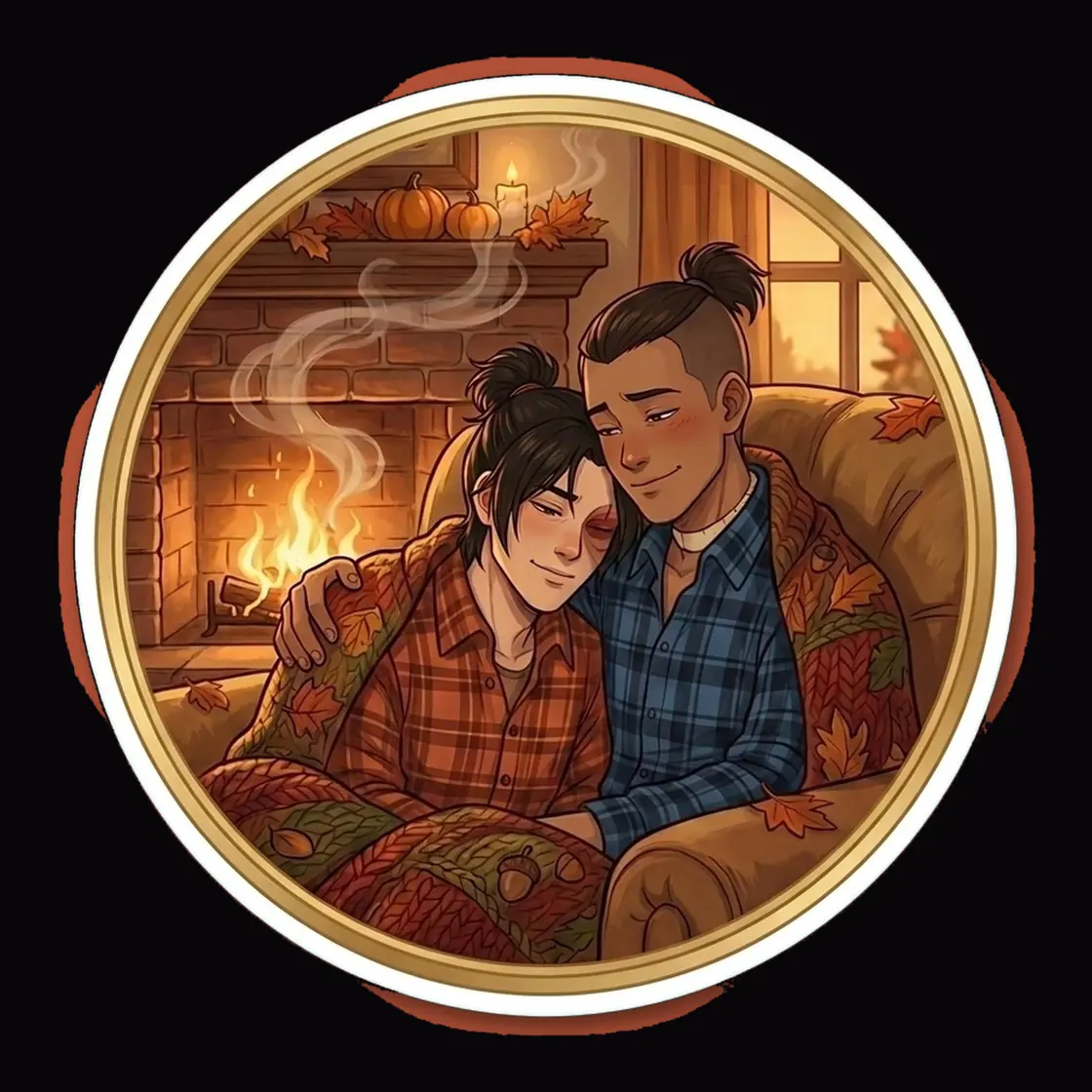Zuko and Sokka share a quiet autumn moment surrounded by falling leaves and a crisp seasonal breeze.