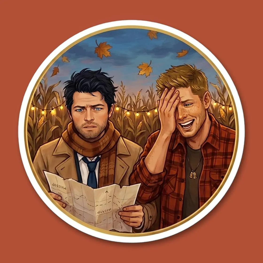 Dean angrily checks his makeshift map while Cas looks entirely unbothered about being hopelessly lost in a dense corn maze., view 2