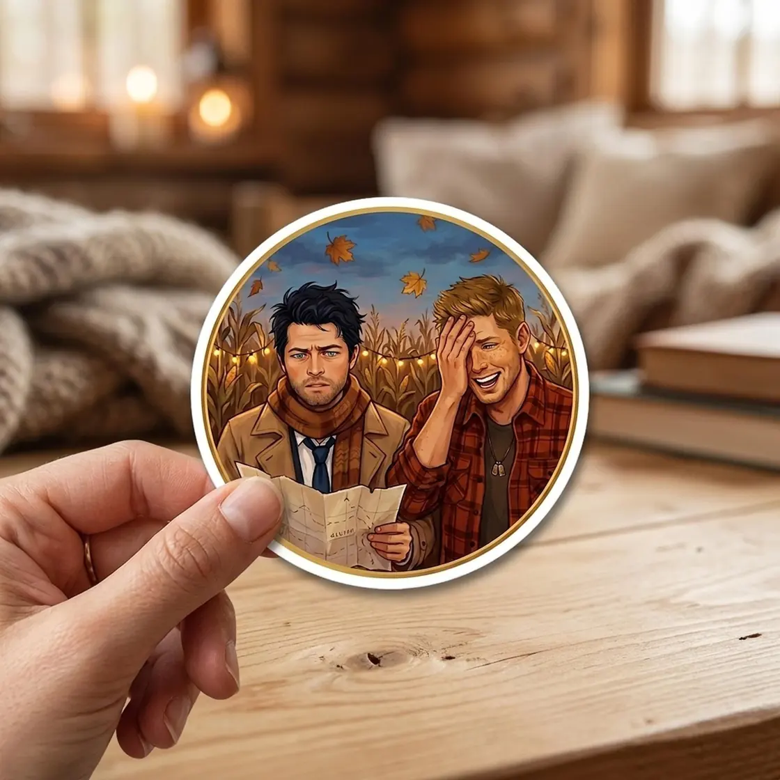 Dean angrily checks his makeshift map while Cas looks entirely unbothered about being hopelessly lost in a dense corn maze., view 3