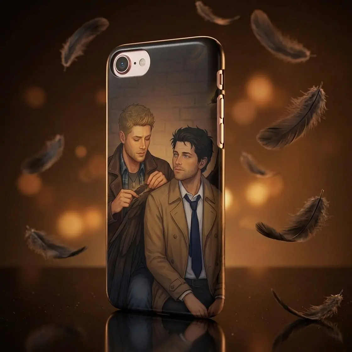 Dean and Castiel stand together framed by dark angelic wings in this beautiful depiction of their bond.