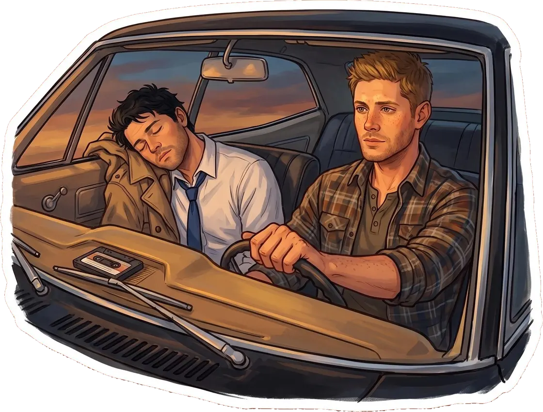 Castiel rests his heavy head against the passenger window while Dean drives them through the night.