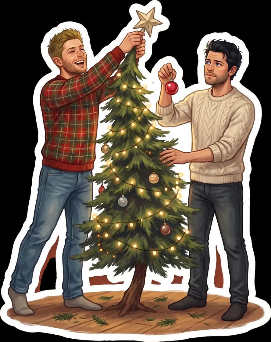 Dean and Cas share a quiet holiday moment while hanging ornaments and decorating a small, glowing Christmas tree.