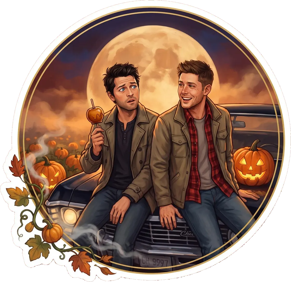 Dean and Cas lean against the hood of the Impala while enjoying a peaceful autumn trip to the pumpkin patch.
