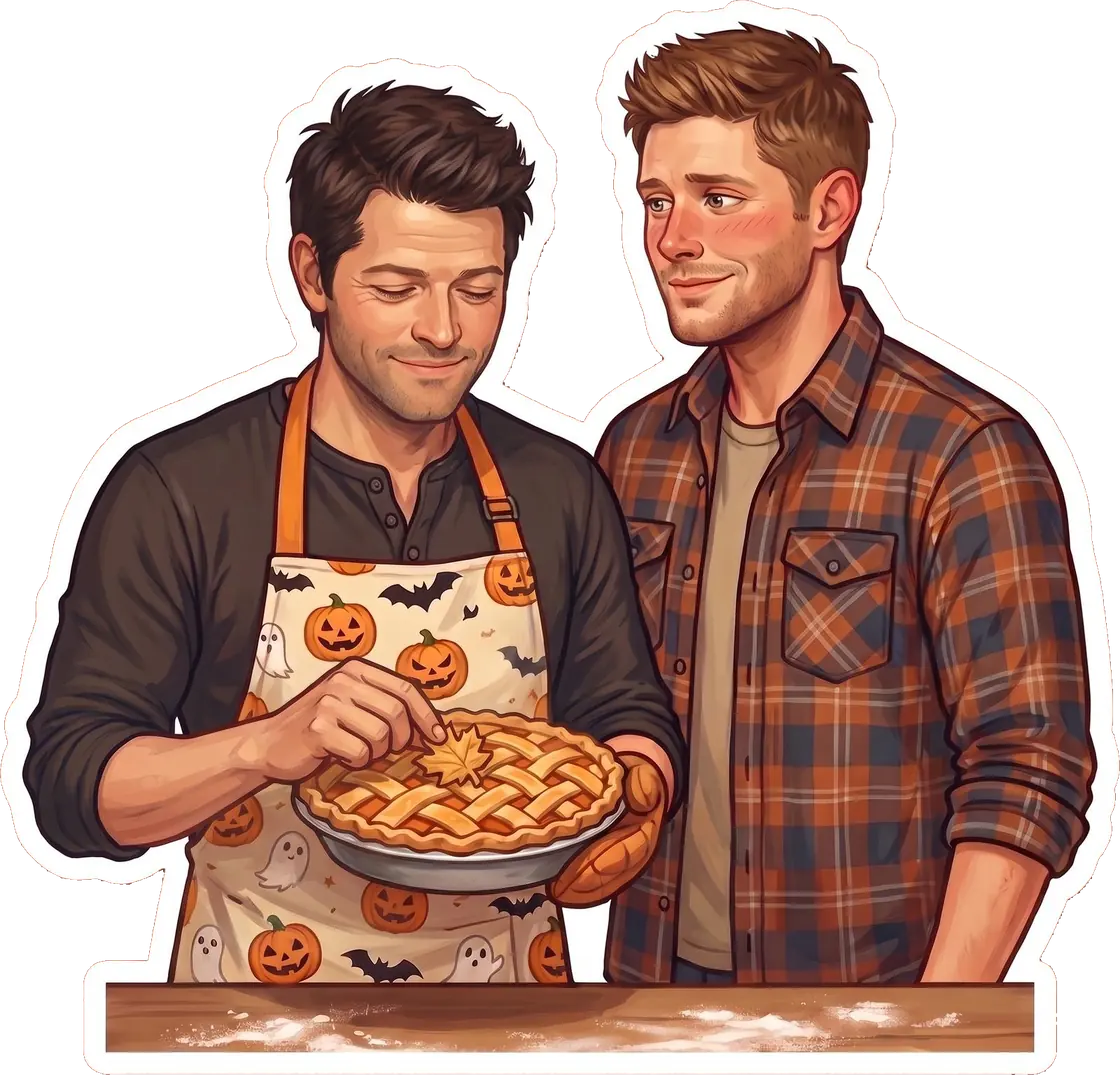 Wearing a festive apron, Cas focuses intently on baking a fresh, warm pie just for a very eager Dean.