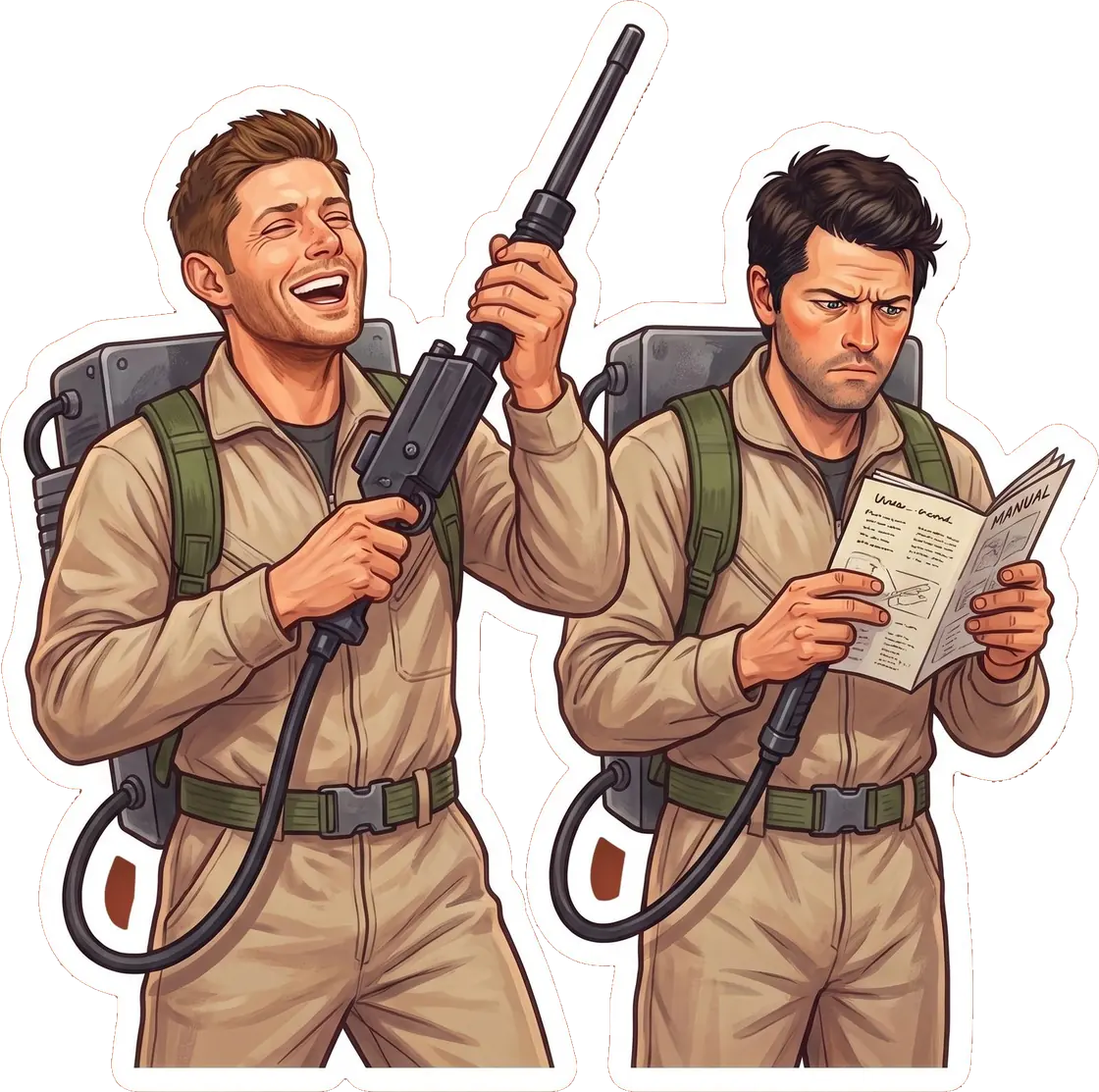 Dean and Castiel suit up in iconic jumpsuits and proton packs for a fun cinematic ghost hunting Halloween.
