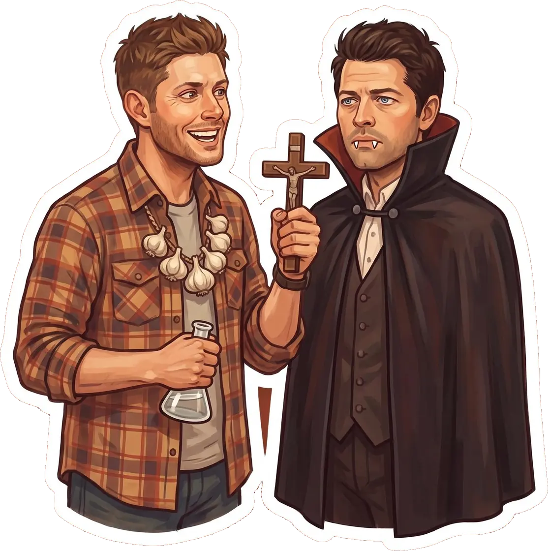 Castiel wears a spooky vampire costume while a grinning Dean protects himself with a hefty garlic necklace.
