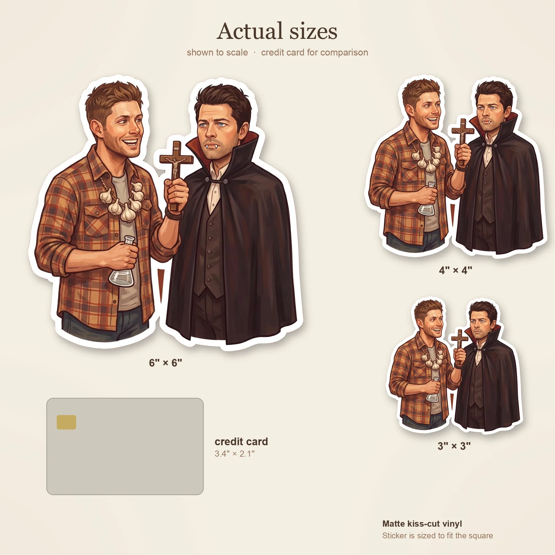 Castiel wears a spooky vampire costume while a grinning Dean protects himself with a hefty garlic necklace., view 3