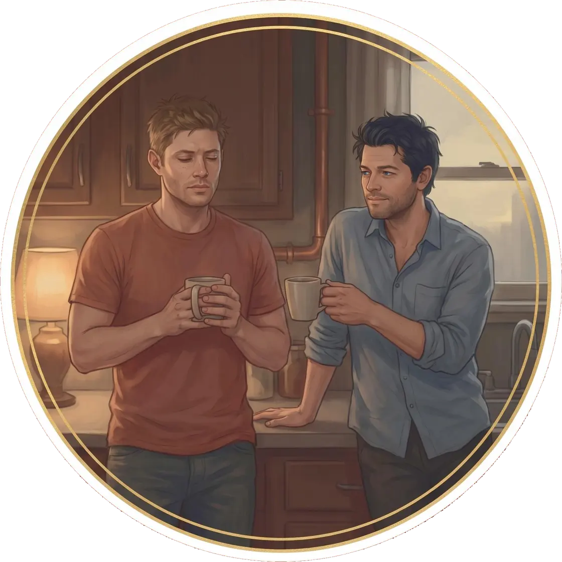Dean and Castiel share a quiet cup of morning coffee in the warm light of the bunker kitchen.