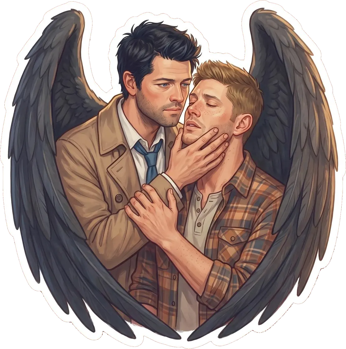 A fully winged Castiel gently cradles Dean's face in his hands during a moment of profound devotion.