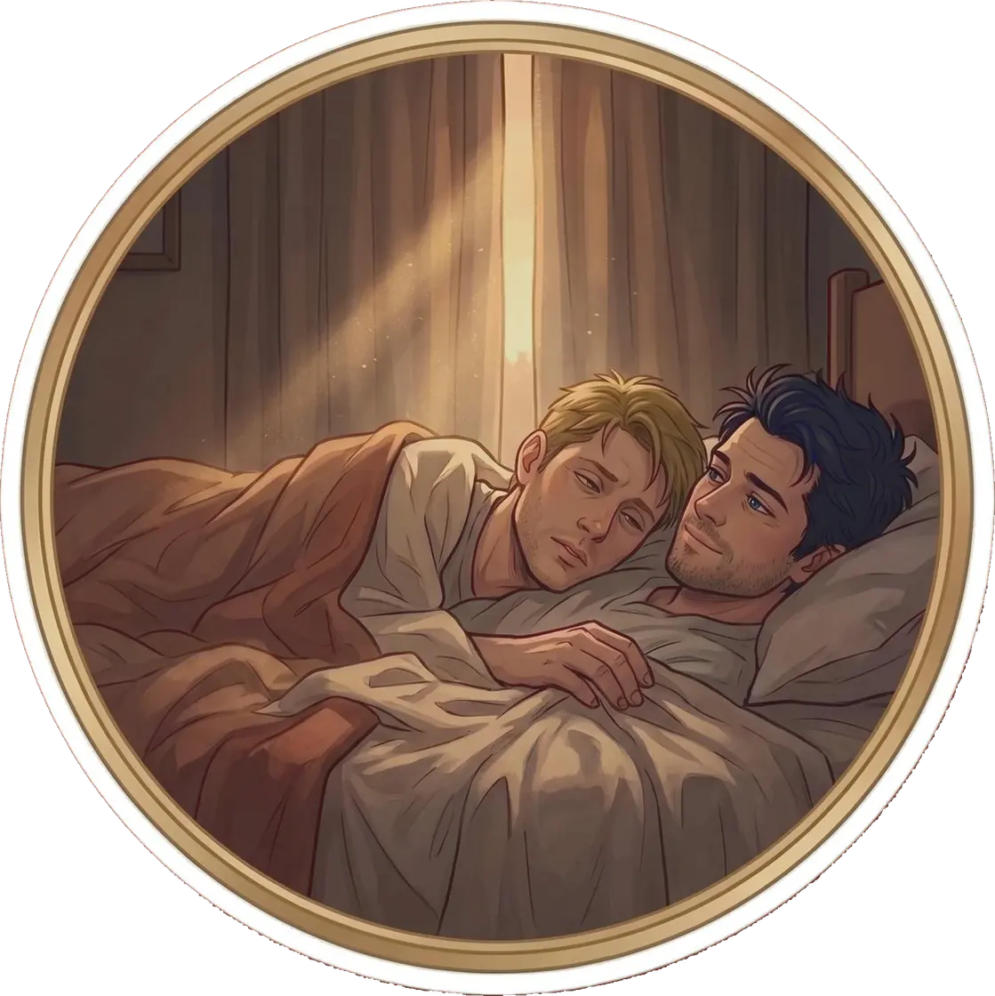 Dean and Castiel relax together in bed, soaking up the quiet warmth of a lazy Sunday morning.