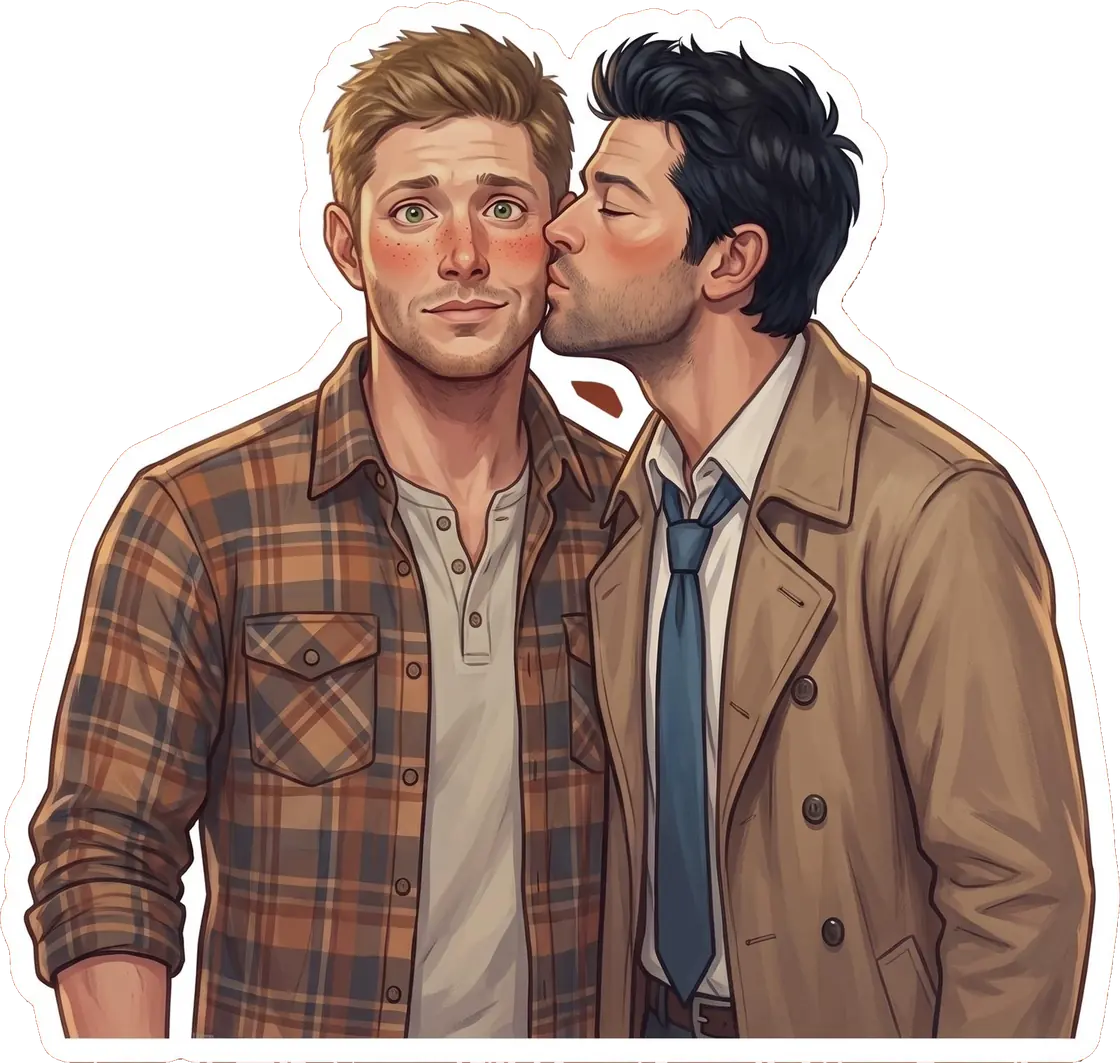 Castiel presses a soft, affectionate kiss to Dean's cheek in a rare moment of tender vulnerability.