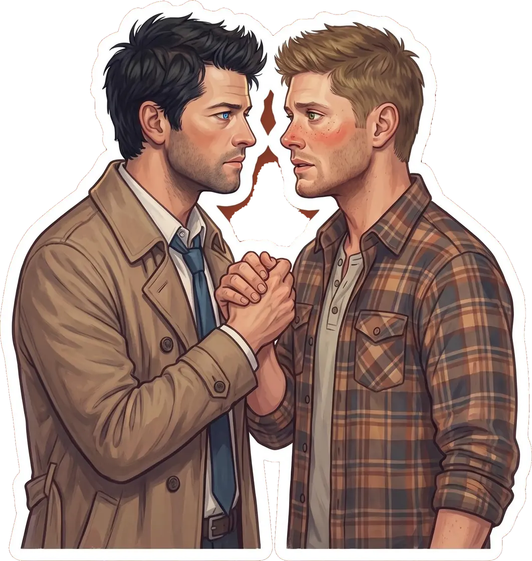 Dean and Castiel gently hold hands in a quiet moment of profound connection and unspoken affection.