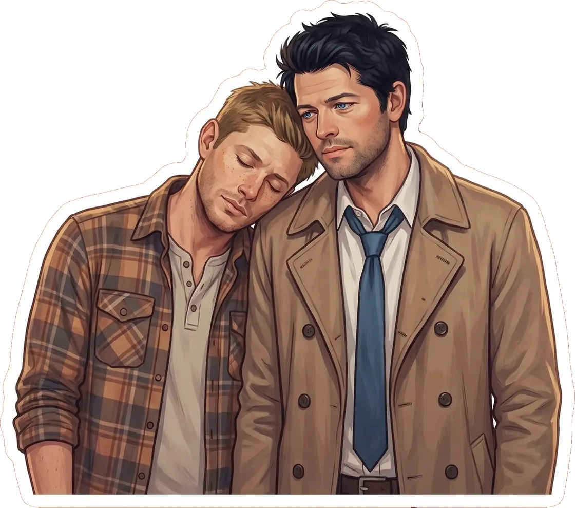 An exhausted Dean falls fast asleep resting his head comfortably against a very still, watchful Castiel.