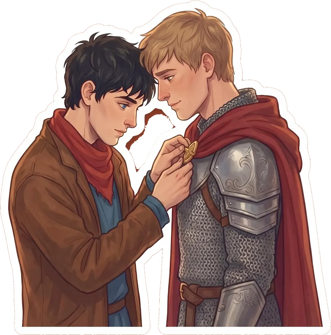 Merlin stands intimately close while fastening the heavy red royal cape around Arthur's broad armored shoulders.