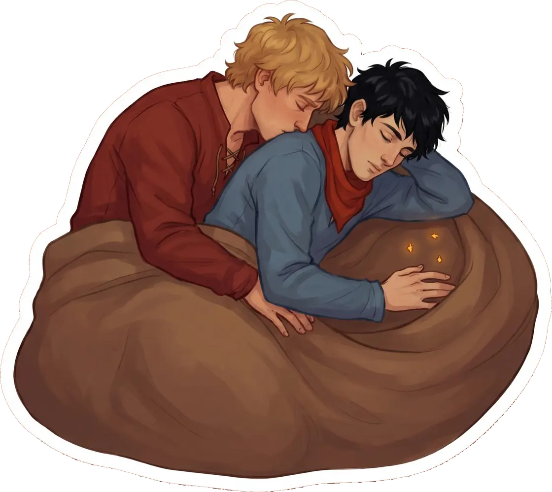 A peacefully sleeping Arthur is watched over by his loyal warlock surrounded by floating magical sparks.