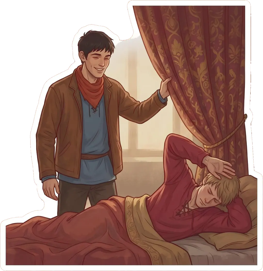 Merlin enthusiastically throws the heavy royal curtains wide open to wake a very grumpy, sleeping Arthur.