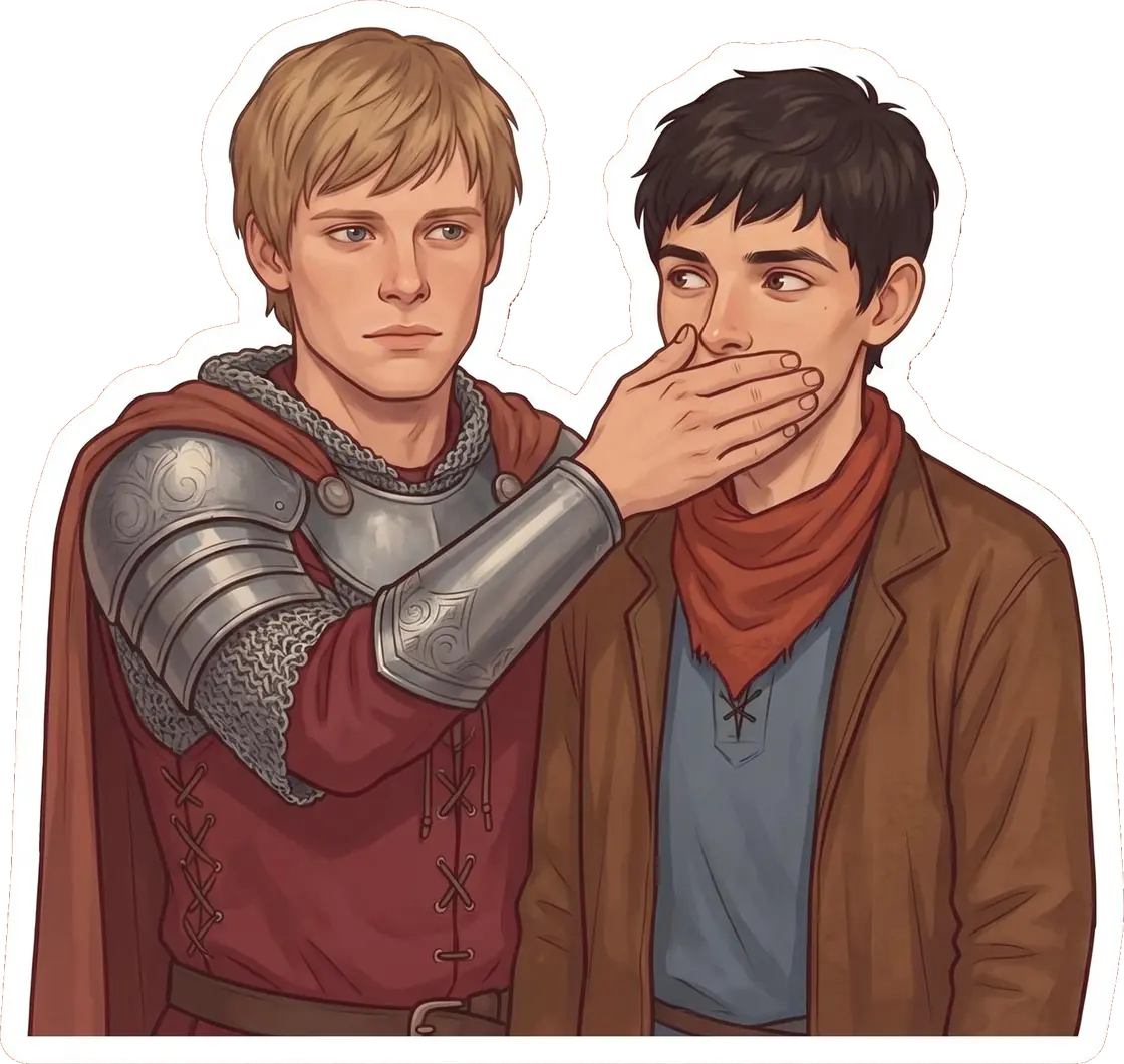 Arthur casually slaps his hand over a rambling Merlin's mouth to keep him quiet.