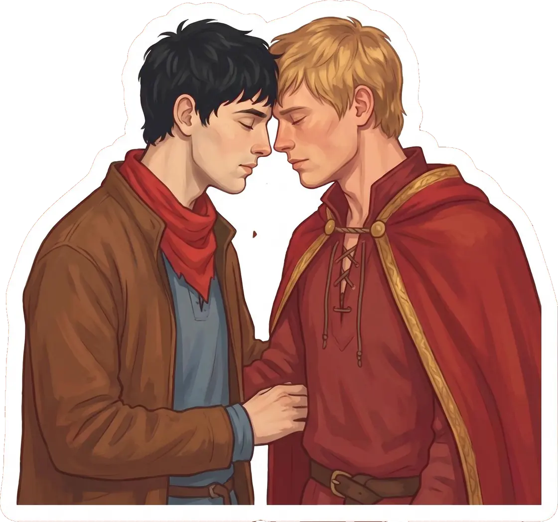 The king and his warlock press their foreheads together while sharing a desperately needed moment of peace.