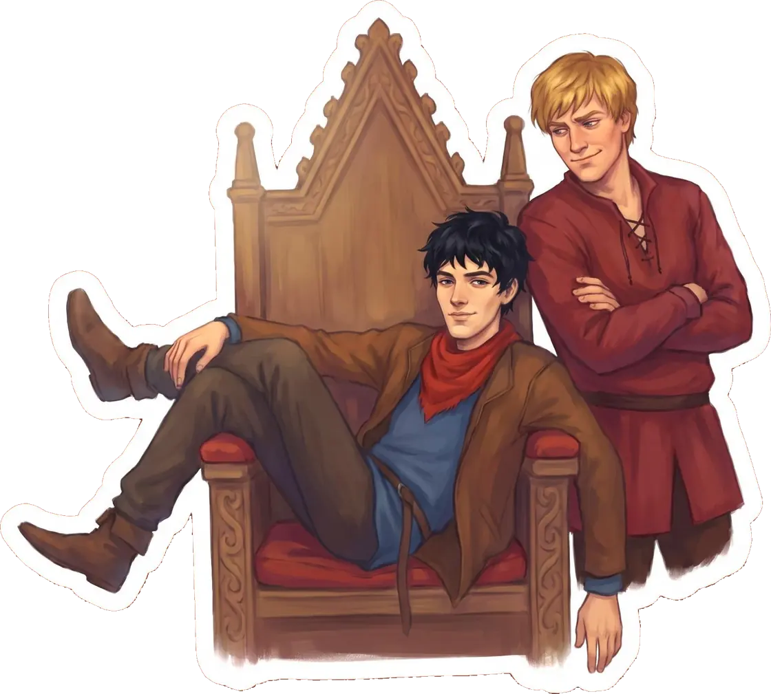 A cheeky servant casually reclines on the royal throne of Camelot while the king is out of sight.