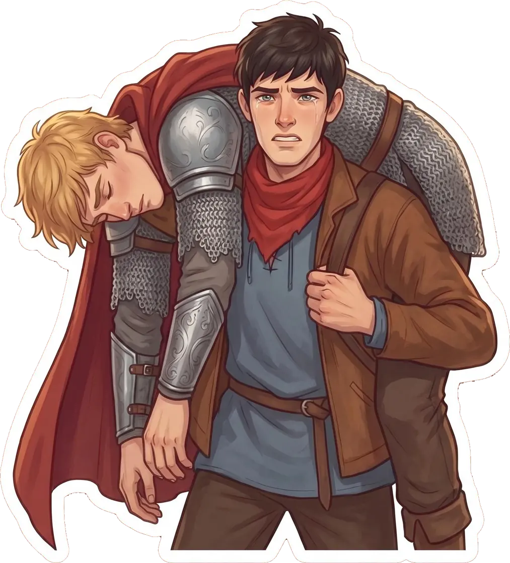 An exhausted Arthur is heavily supported by his loyal servant after a brutal and exhausting magical battle.