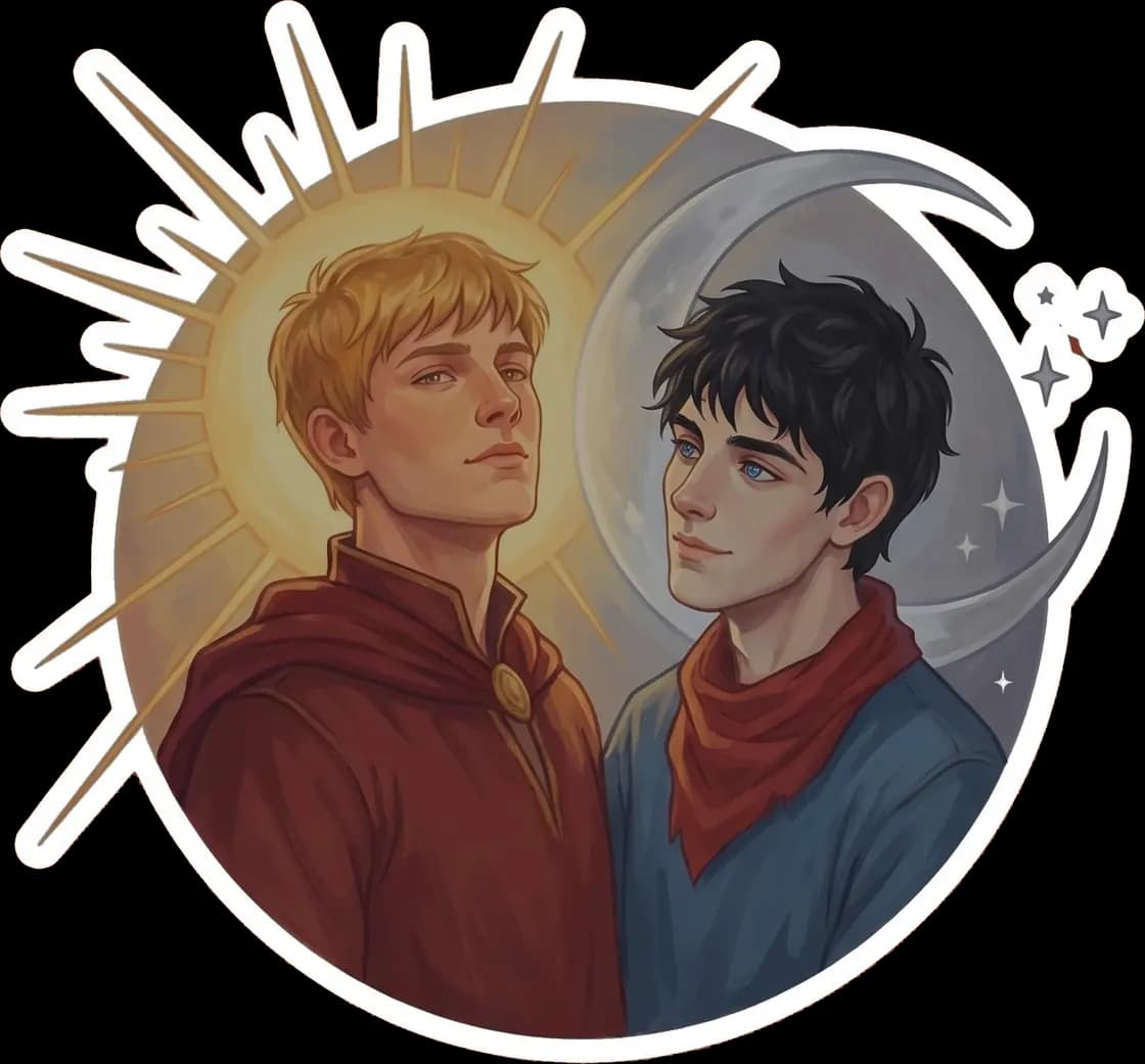 Arthur and Merlin are depicted as the sun and moon gazing over the kingdom they built together.