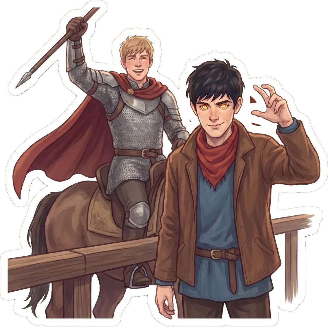 Merlin covertly mutters a spell with glowing eyes to help Arthur secure a narrow victory during a tournament joust.
