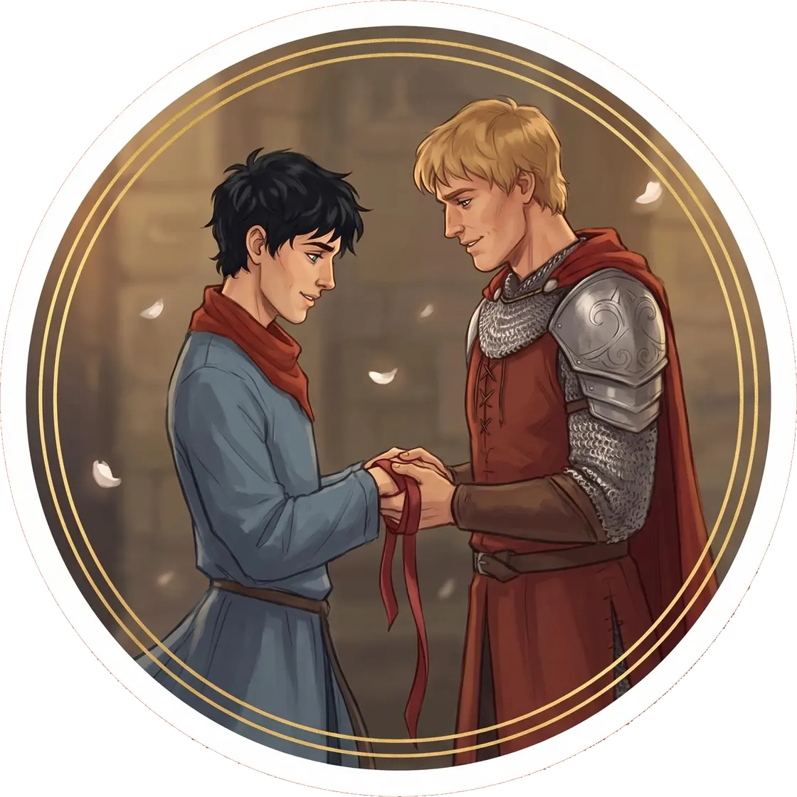 Merlin and Arthur bind their hands together with a red ribbon in a traditional and intimate druidic ceremony.