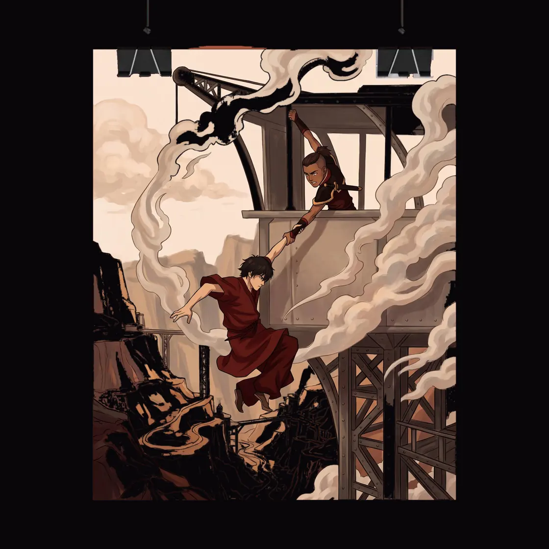 Zuko desperately grabs Sokka by the hand to pull him to safety during their dangerous escape from the Boiling Rock.