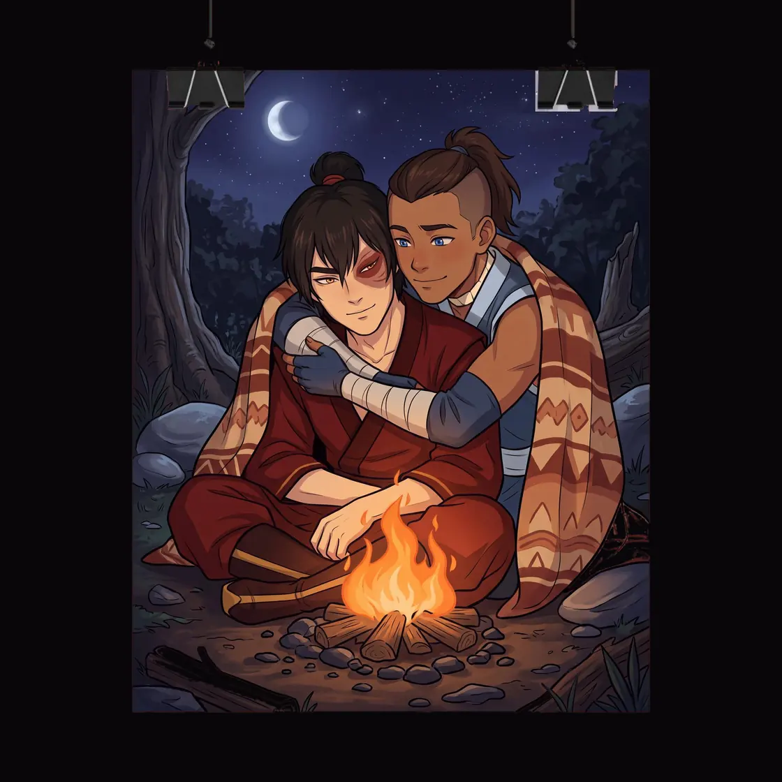 Zuko wraps his arms around Sokka from behind as they sit together by a warm and flickering campfire.