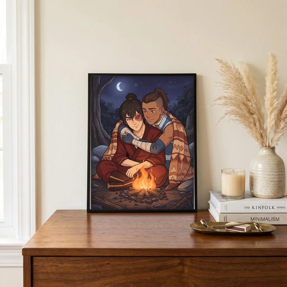 Zuko wraps his arms around Sokka from behind as they sit together by a warm and flickering campfire., view 4