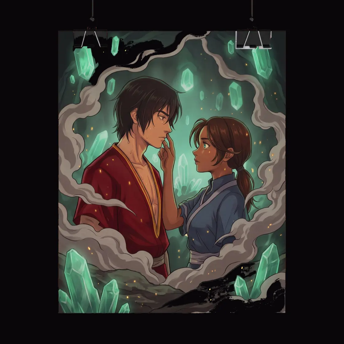 Zuko and Katara share a charged and quiet moment of understanding deep within the glowing crystal catacombs of Ba Sing Se.