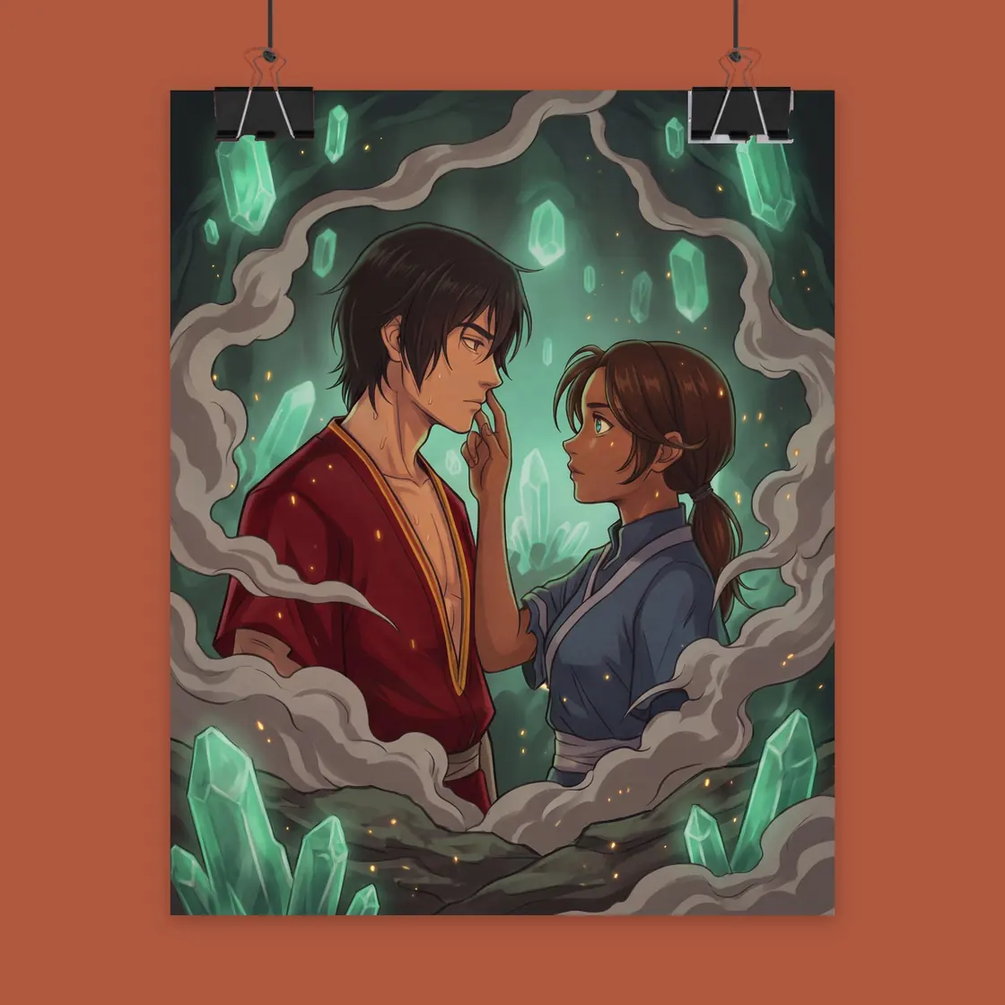 Zuko and Katara share a charged and quiet moment of understanding deep within the glowing crystal catacombs of Ba Sing Se., view 2