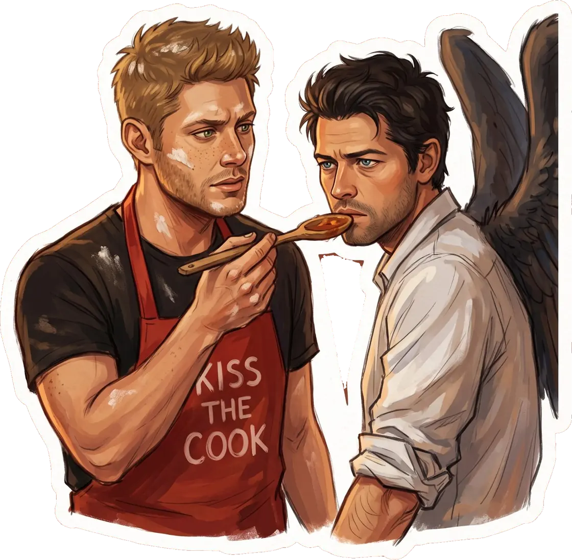 Castiel leans in to taste the warm food directly from the wooden spoon Dean offers him.