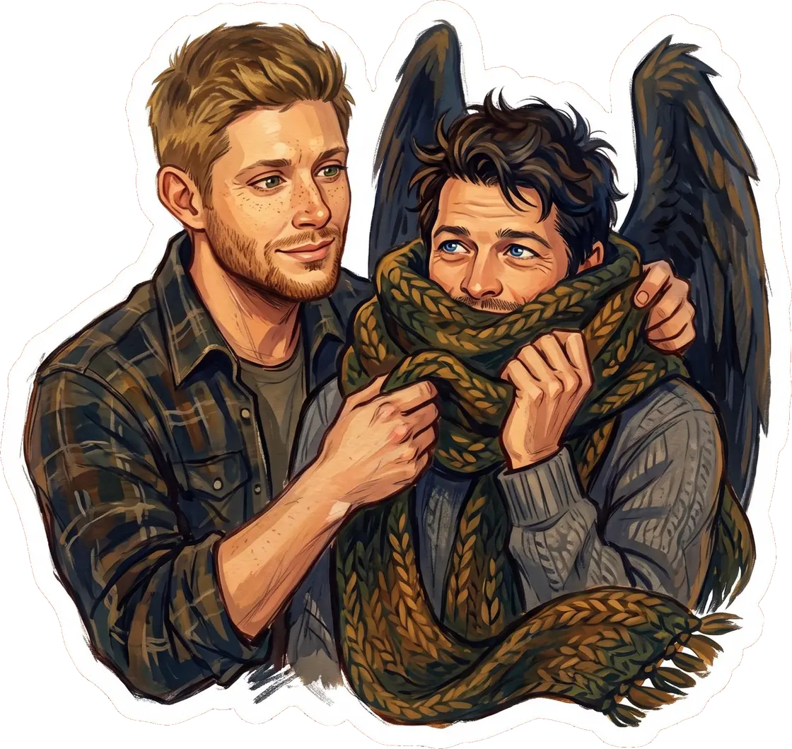 Dean carefully bundles a confused Castiel up in a thick knitted scarf to brave the cold.