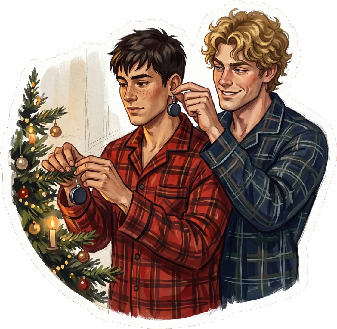 Ilya and Shane wear matching plaid pajamas while hanging a special ornament on the tree.