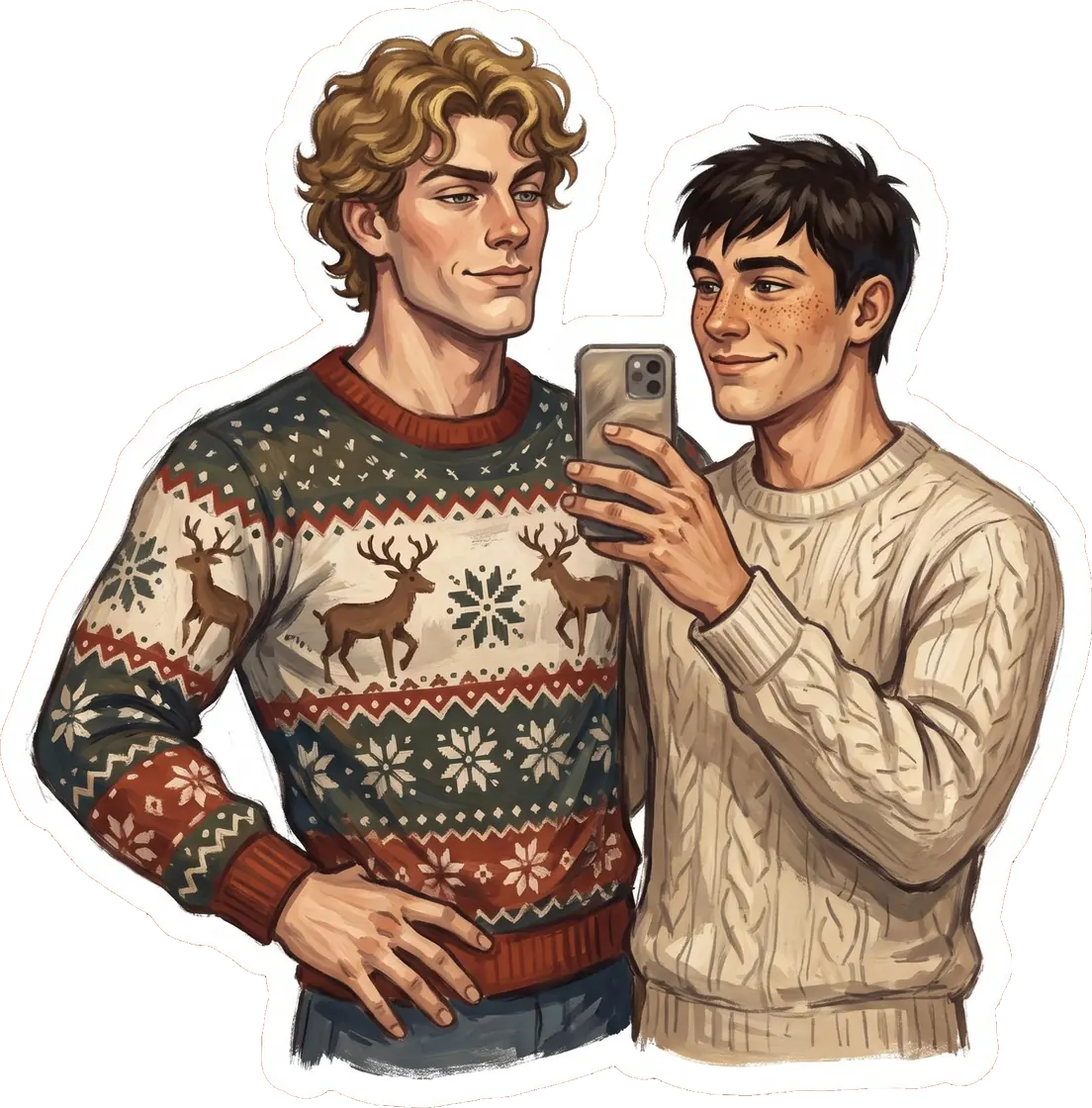 Ilya proudly models a ridiculous festive sweater while Shane takes a picture on his phone.
