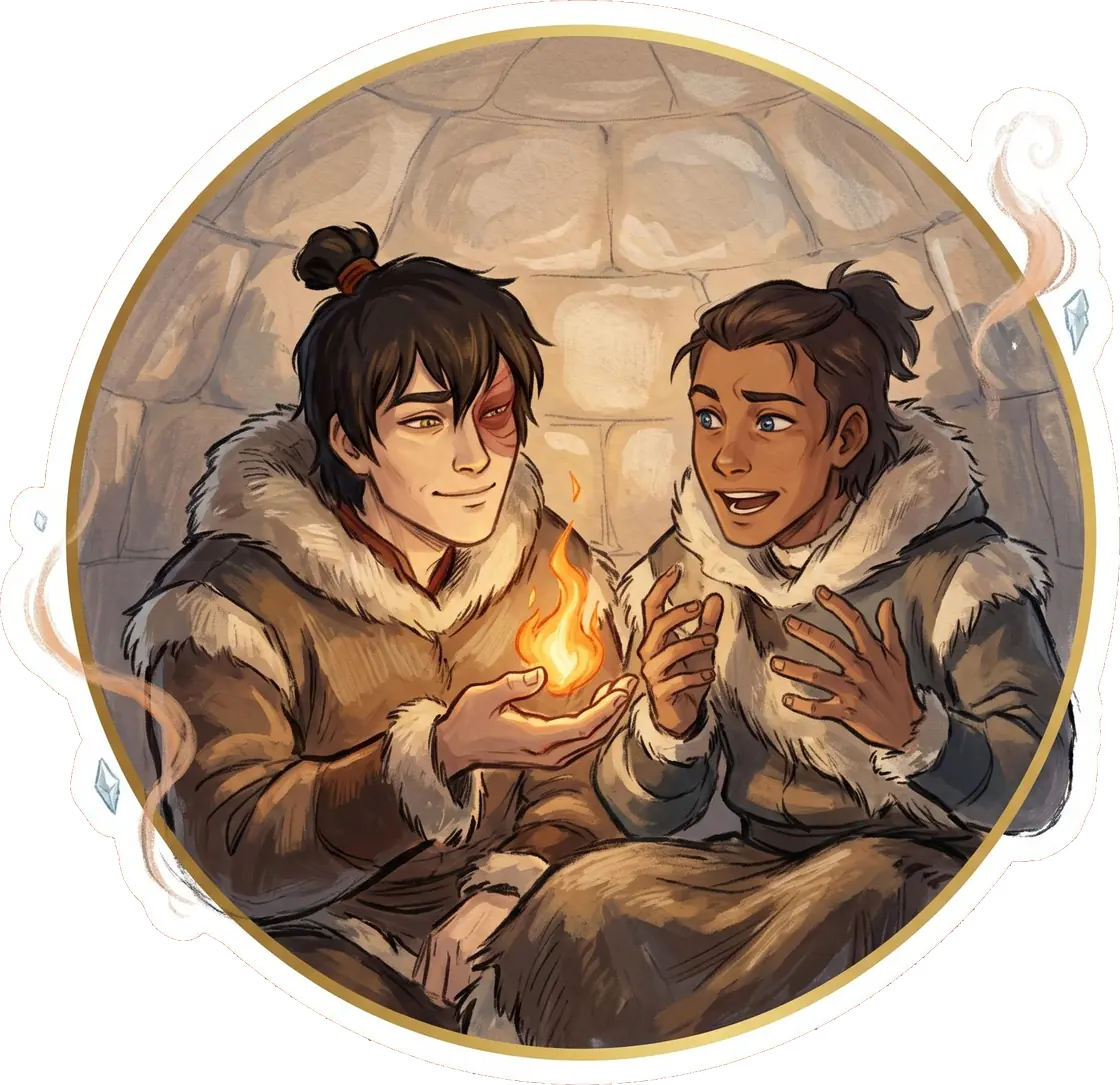 Sokka animatedly tells a late night story illuminated warmly by a flame in Zuko's hand.
