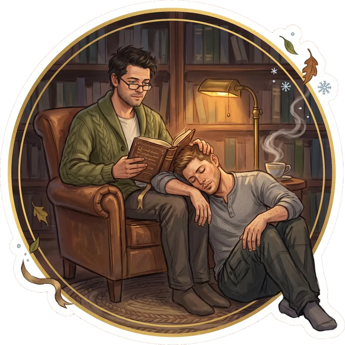 Dean falls fast asleep at the library table while Castiel quietly reads a book beside him.