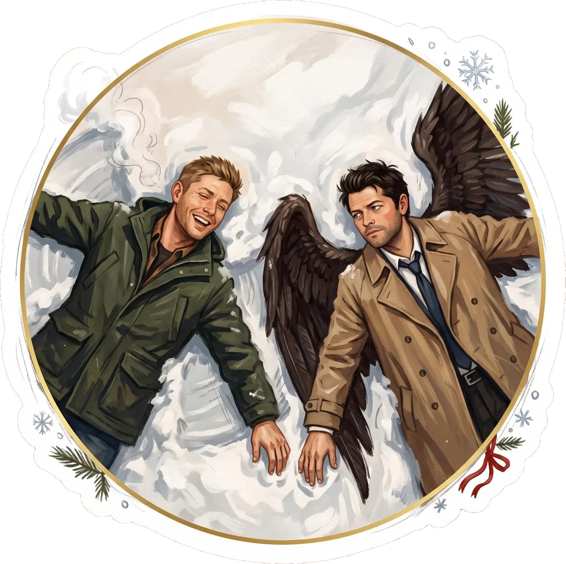 Castiel leaves a massive impression in the fresh snow using his invisible celestial wings.