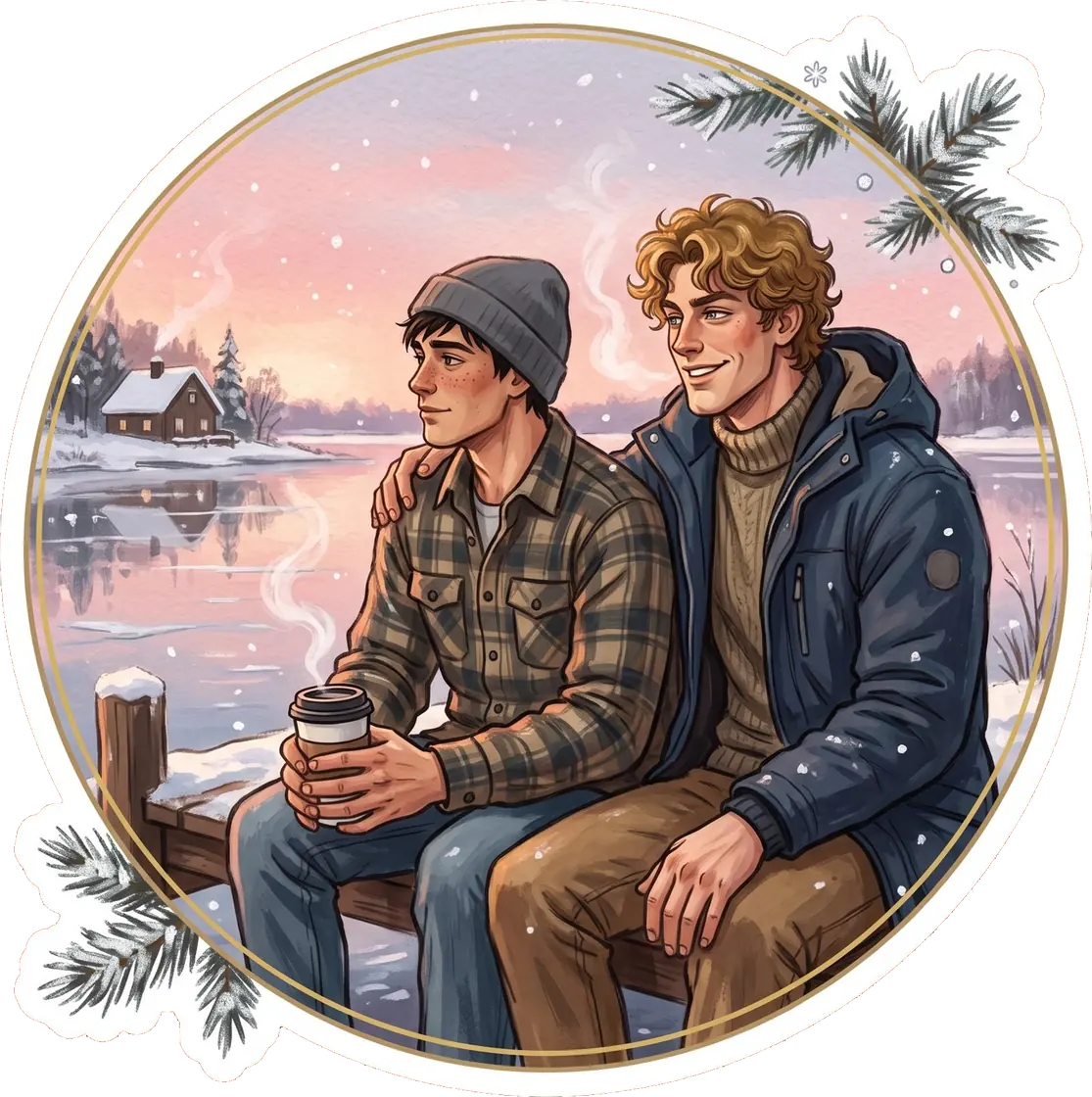 Ilya and Shane share a quiet morning moment standing together on the rustic cottage dock.
