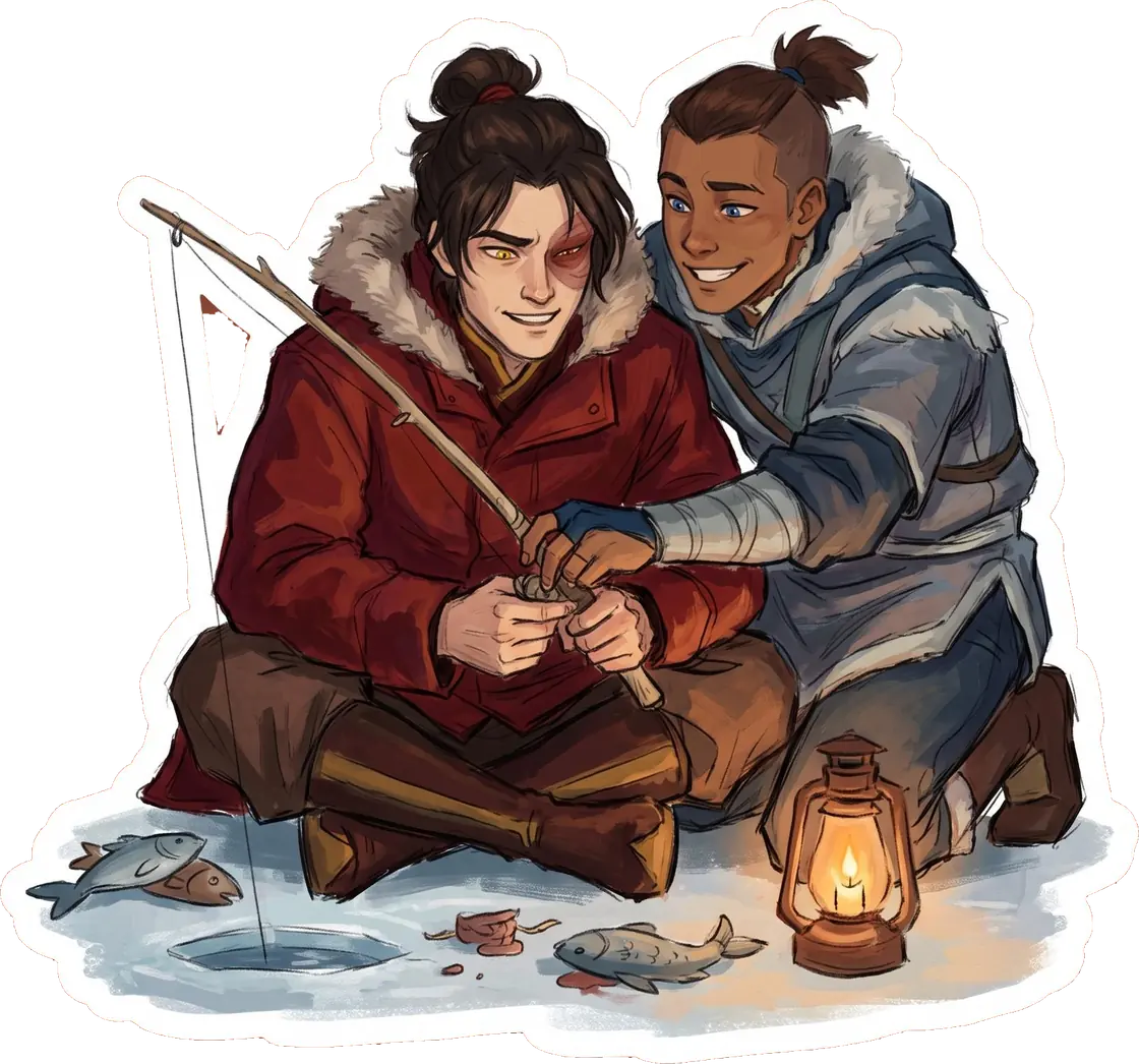 Sokka patiently teaches a bundled up Zuko the traditional art of South Pole ice fishing.