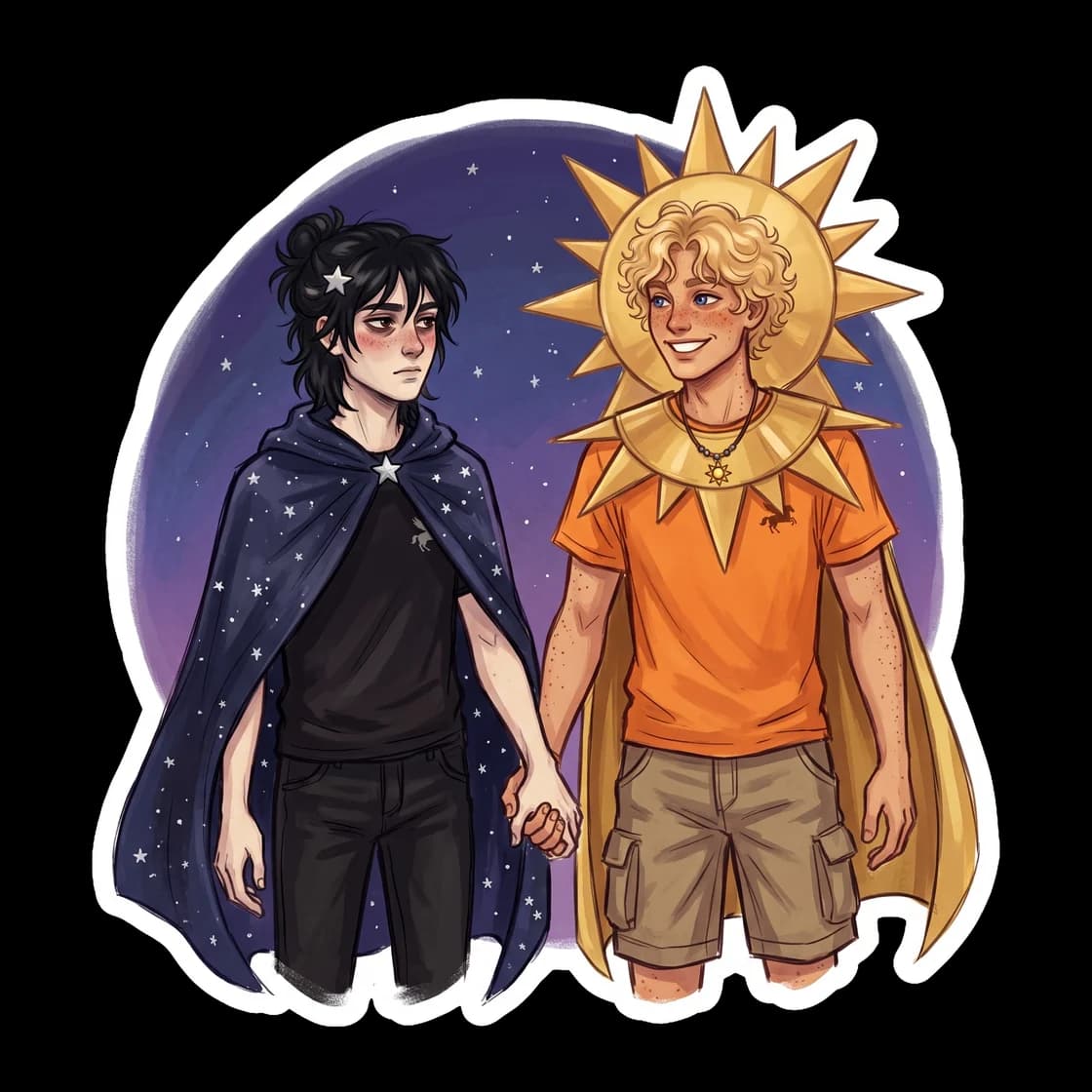 Will and Nico embrace in their matching celestial costumes, a playful nod to their journey through the depths of Tartarus. Will radiates gentle warmth in a golden sun tunic, while Nico wears a midnigh