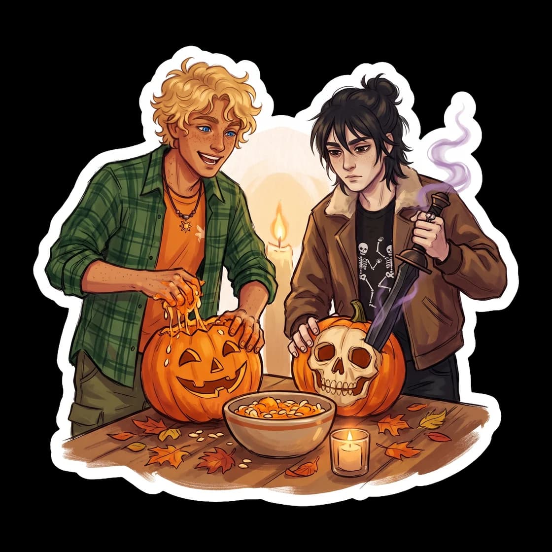 Nico and Will getting into the autumn spirit, though Nico insists on using his Stygian iron sword to carve their pumpkins while Will tries to keep the glowing results somewhat symmetrical. A cozy mome