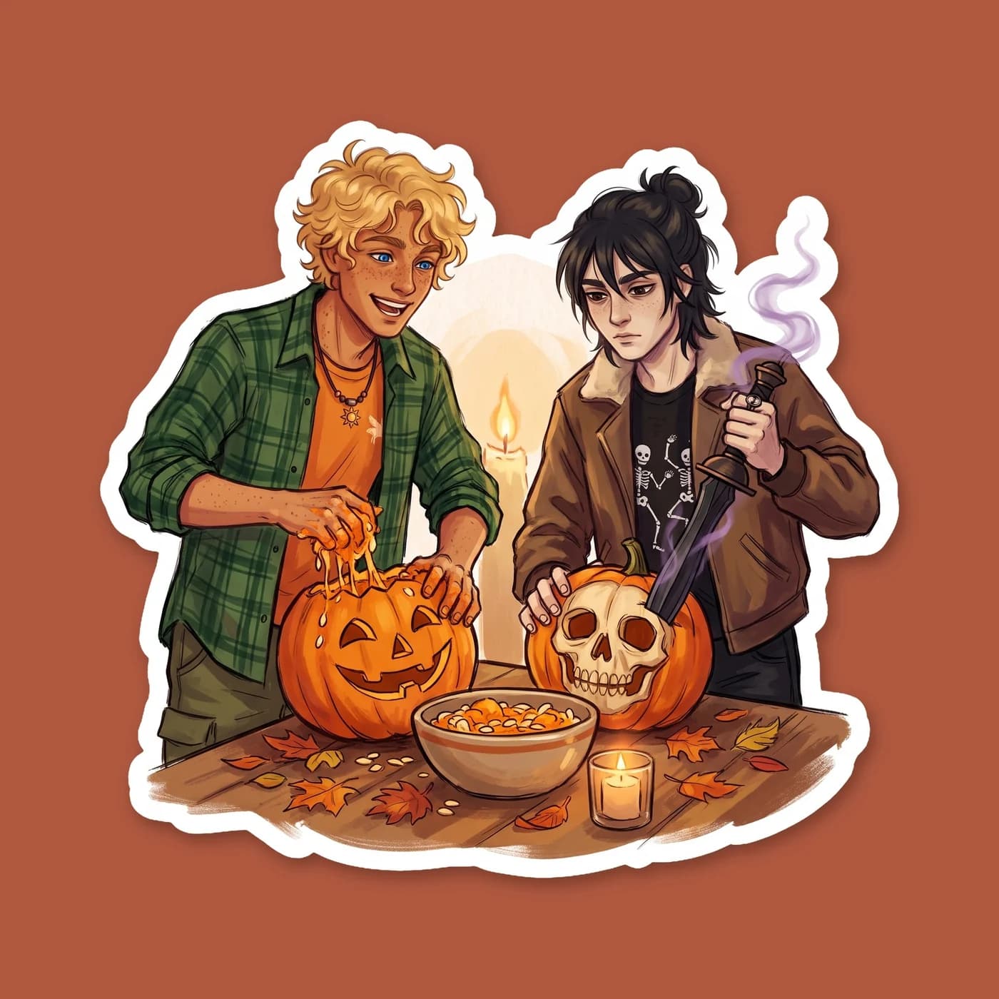 Nico and Will getting into the autumn spirit, though Nico insists on using his Stygian iron sword to carve their pumpkins while Will tries to keep the glowing results somewhat symmetrical. A cozy mome, view 2