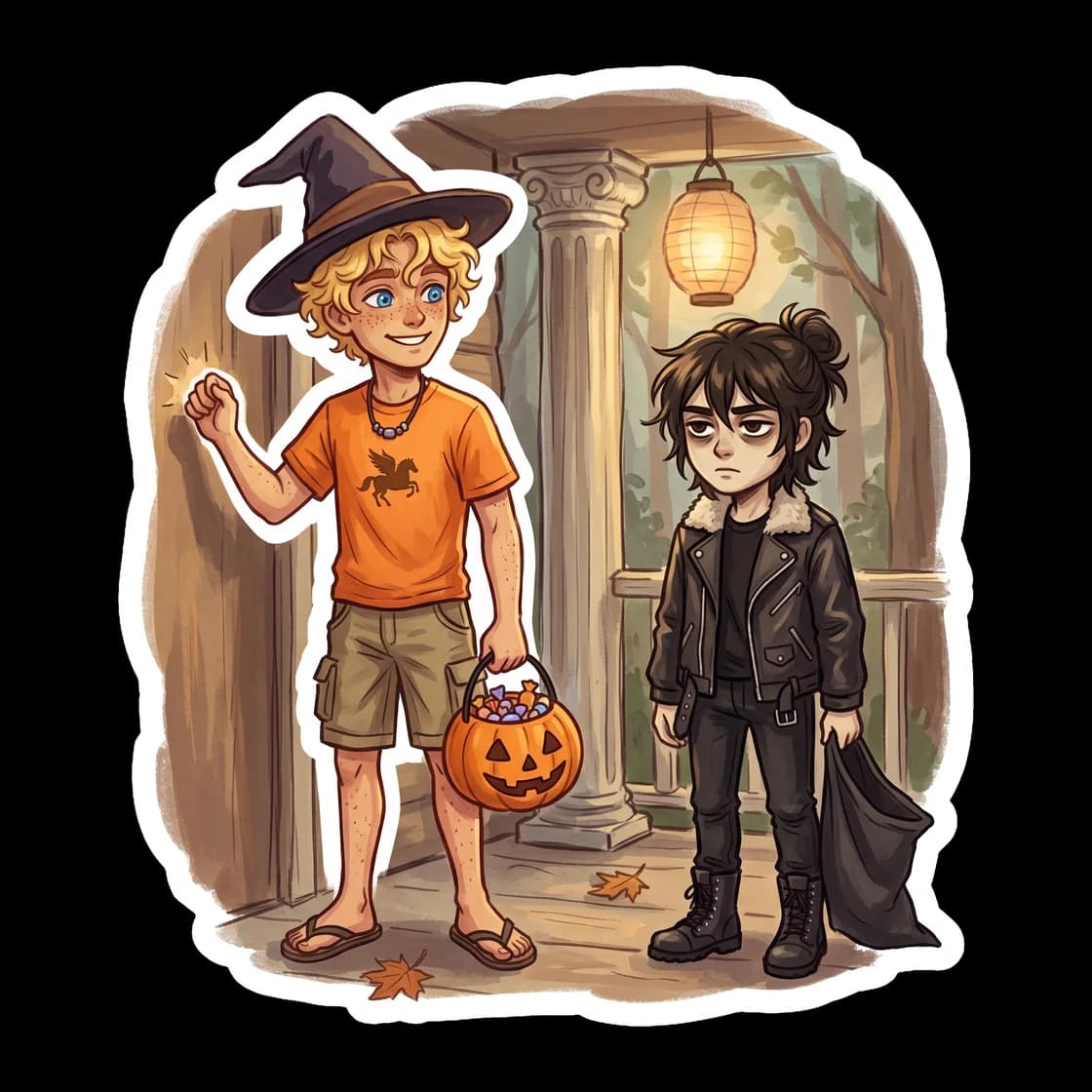 Will pulls Nico by the hand as they run between the wildly decorated cabins for trick-or-treating. Nico tries to look annoyed by the festive chaos, but a small, fond smile betrays how much he enjoys s